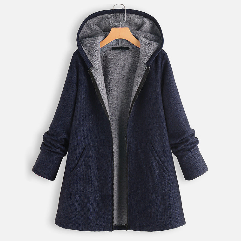 Plush and Thick Cotton Medium Length Hooded Jacket