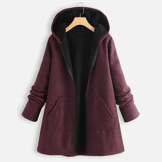 Plush and Thick Cotton Medium Length Hooded Jacket