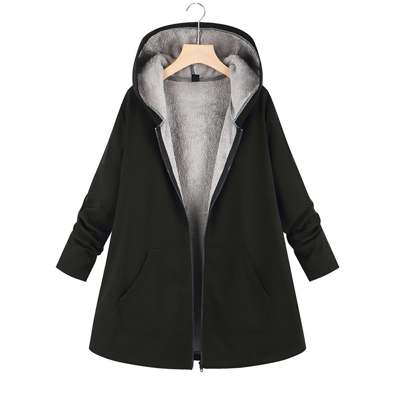 Plush and Thick Cotton Medium Length Hooded Jacket