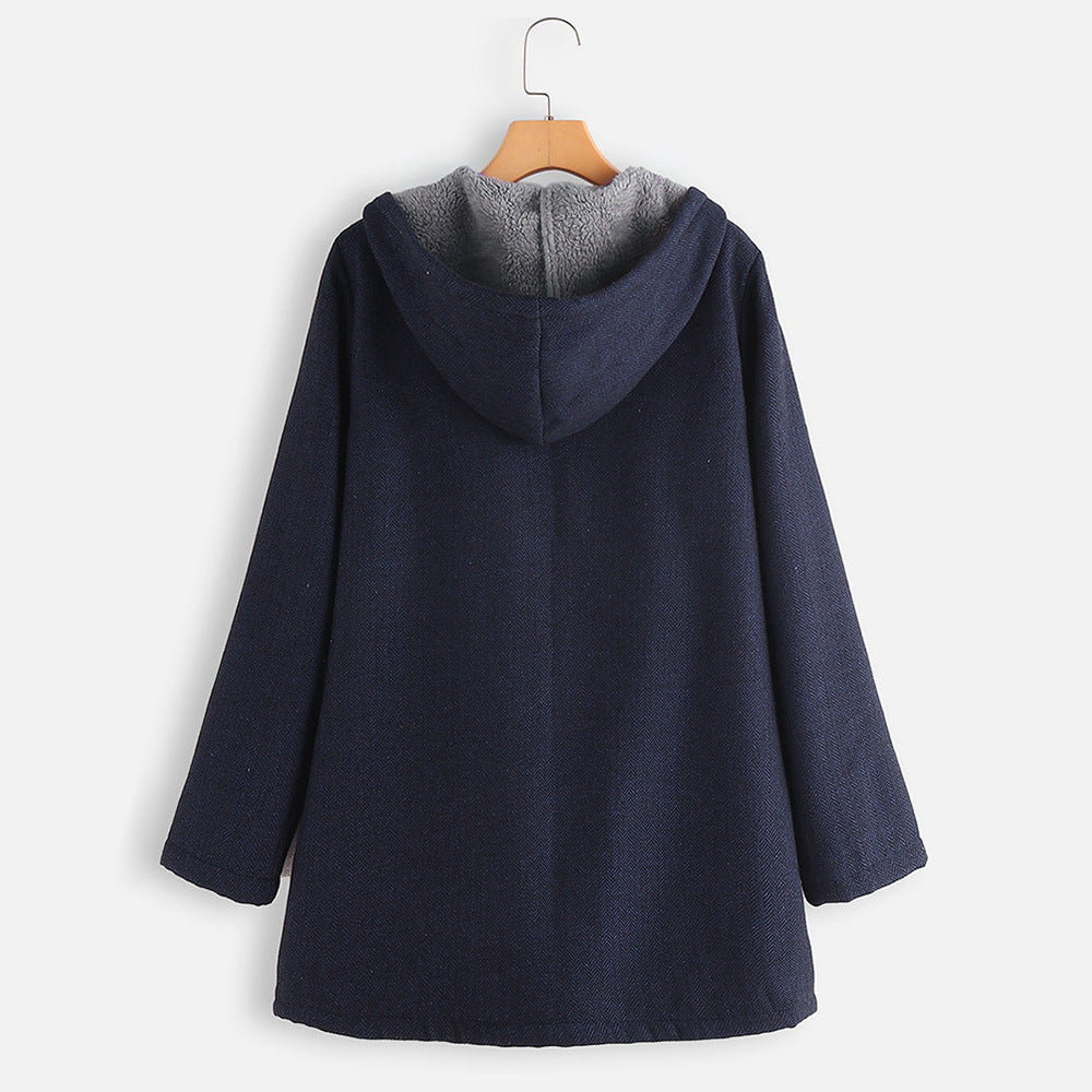 Plush and Thick Cotton Medium Length Hooded Jacket