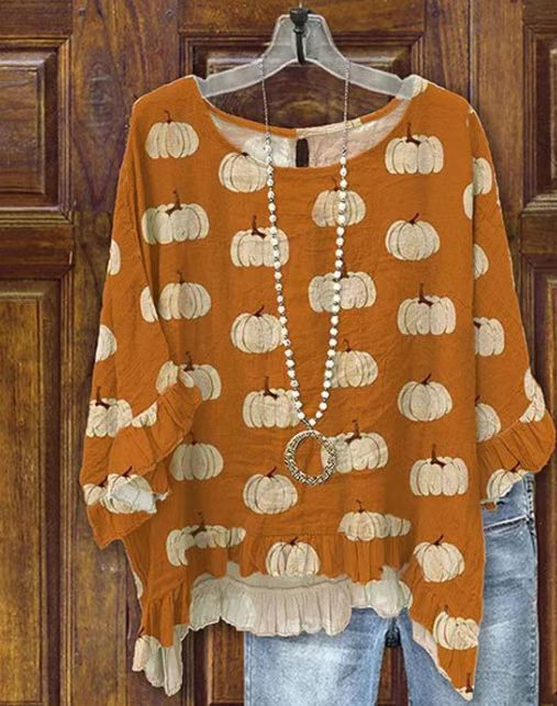 Pumpkin Printed Ruffled Pleated Top