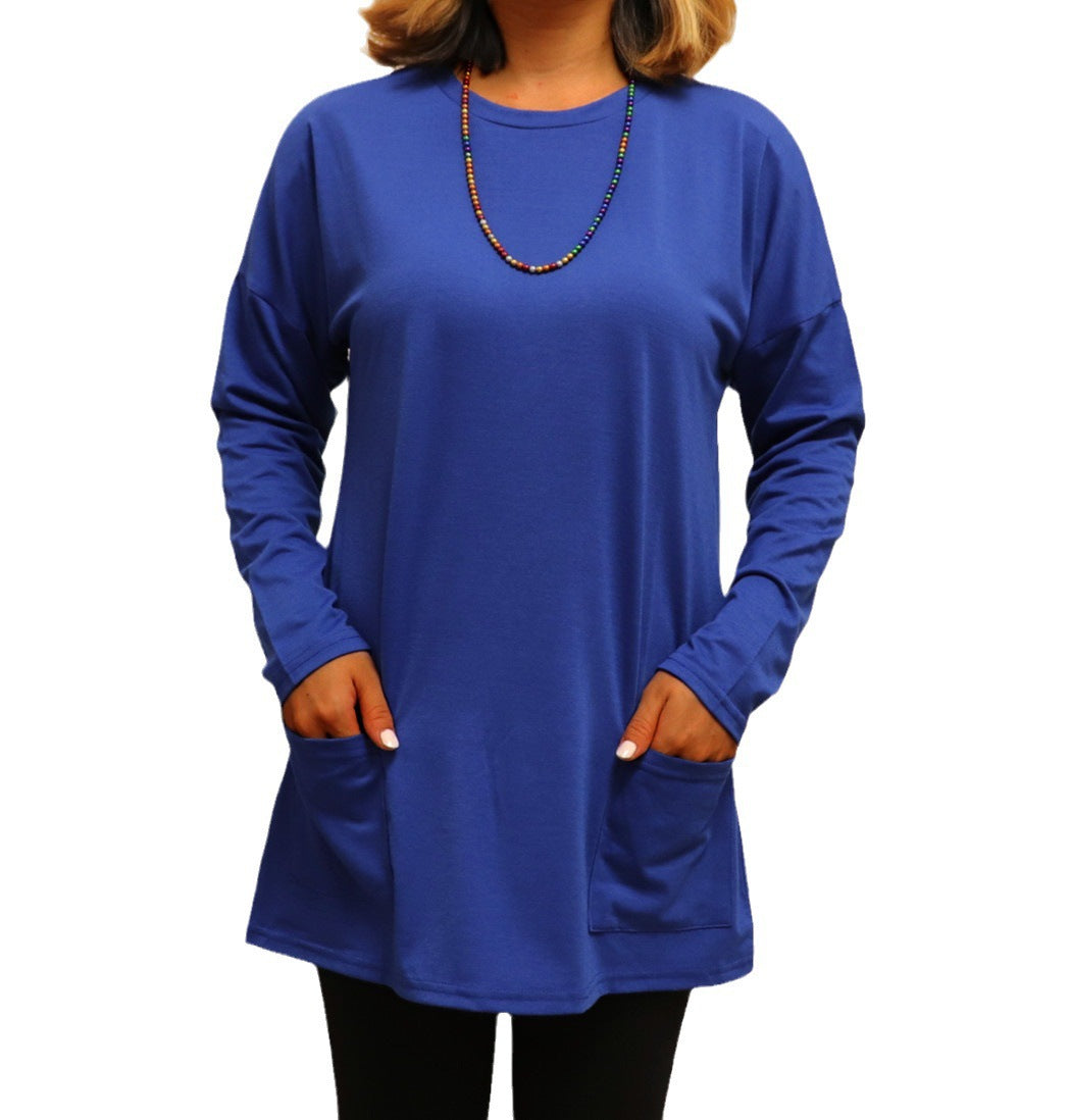 Round Neck Long Sleeved Pocket Top T-Shirt