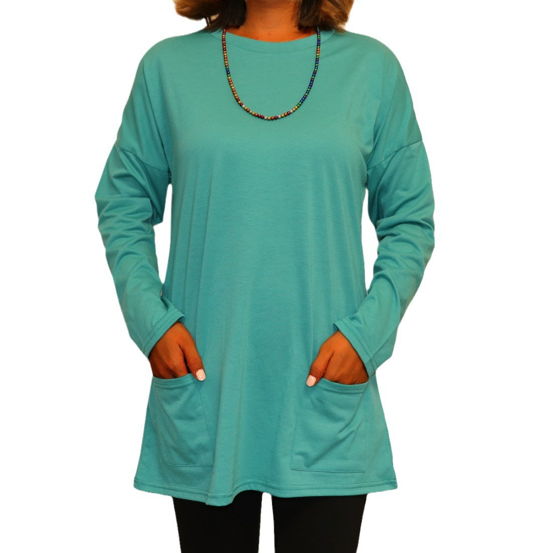 Round Neck Long Sleeved Pocket Top T-Shirt