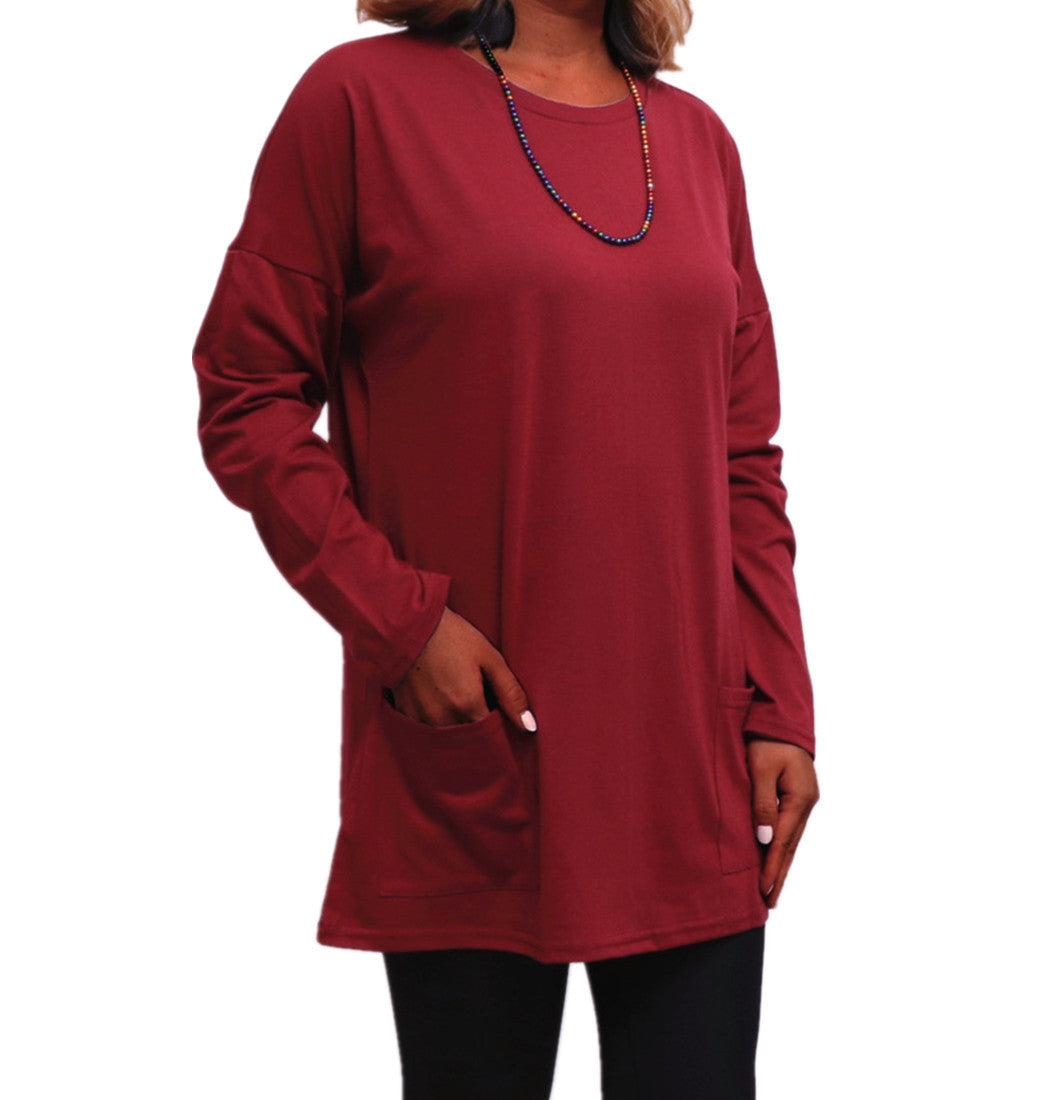 Round Neck Long Sleeved Pocket Top T-Shirt