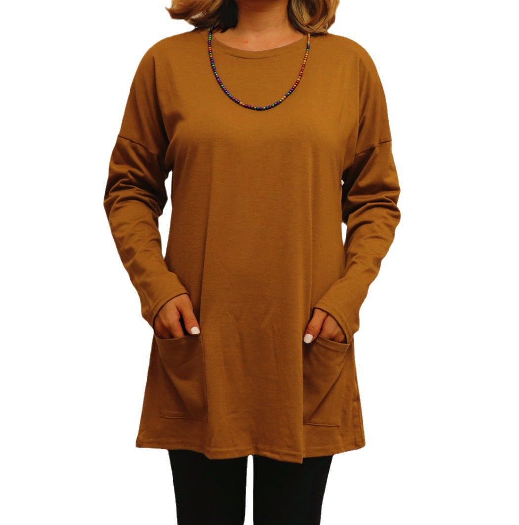 Round Neck Long Sleeved Pocket Top T-Shirt