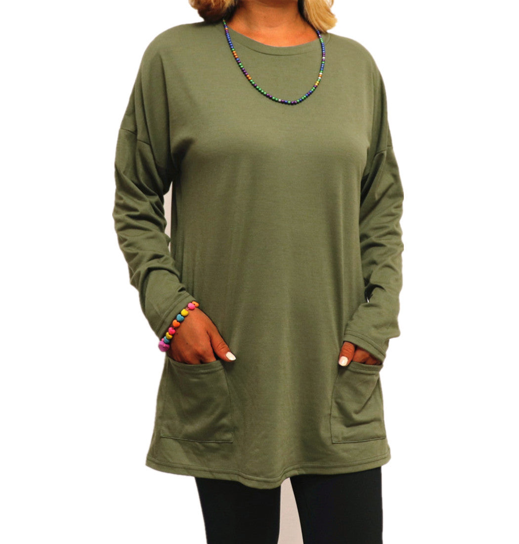 Round Neck Long Sleeved Pocket Top T-Shirt