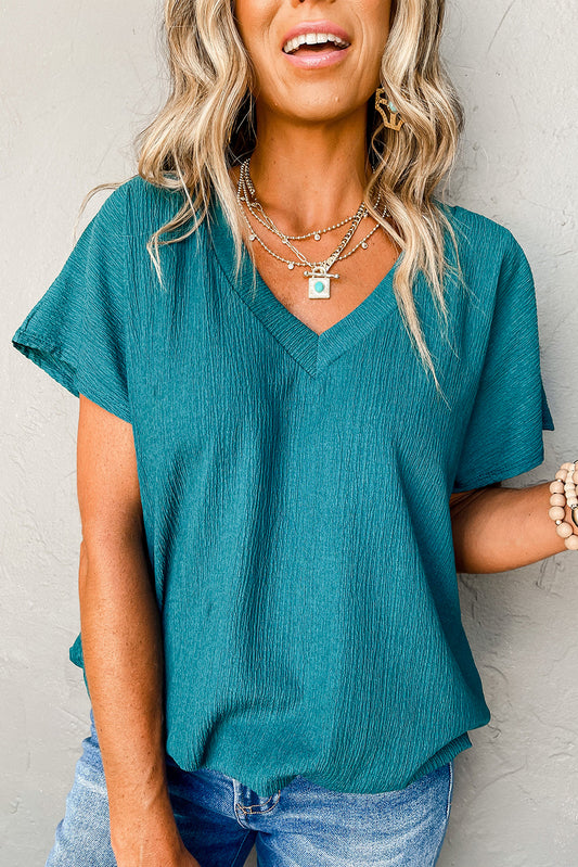 Sapphire Crinkled V Neck Wide Sleeve T-shirt