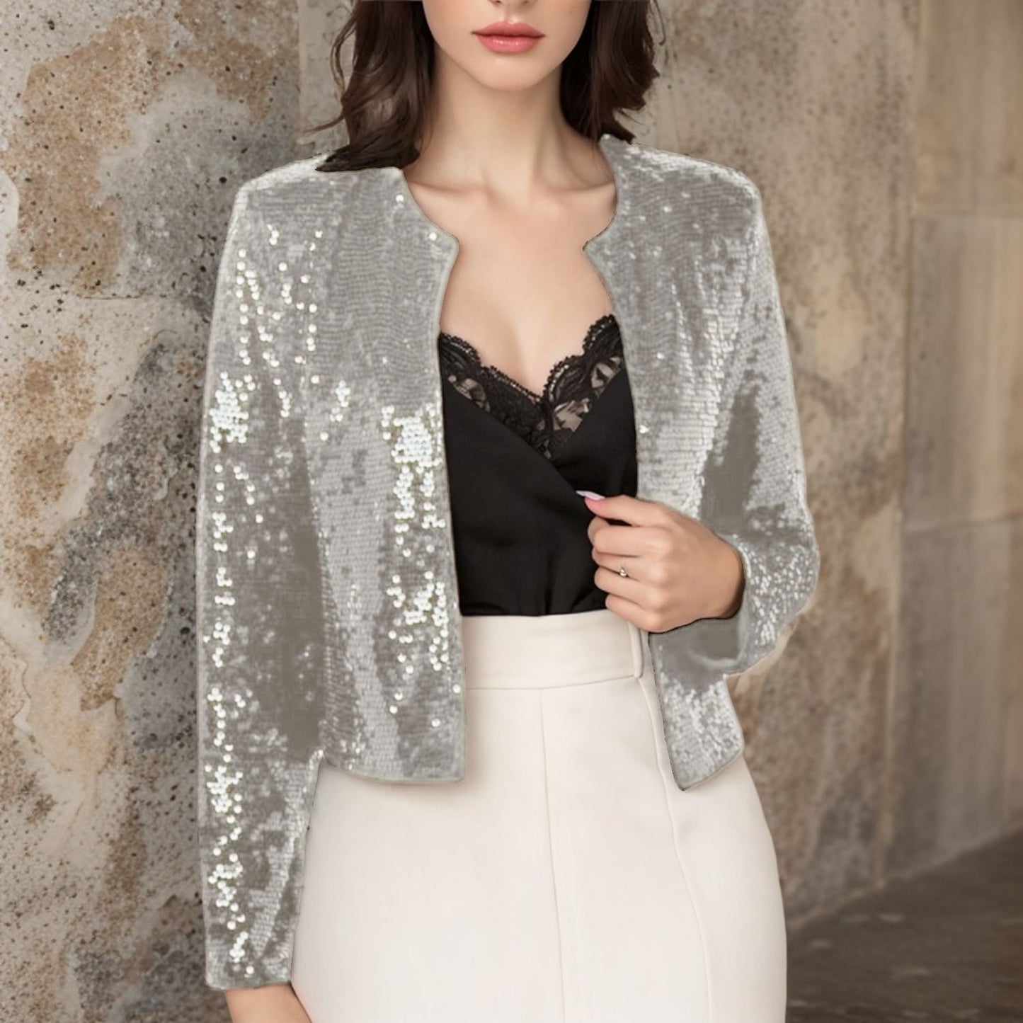 Solid Color Cardigan Casual Versatile Sequined Jacket