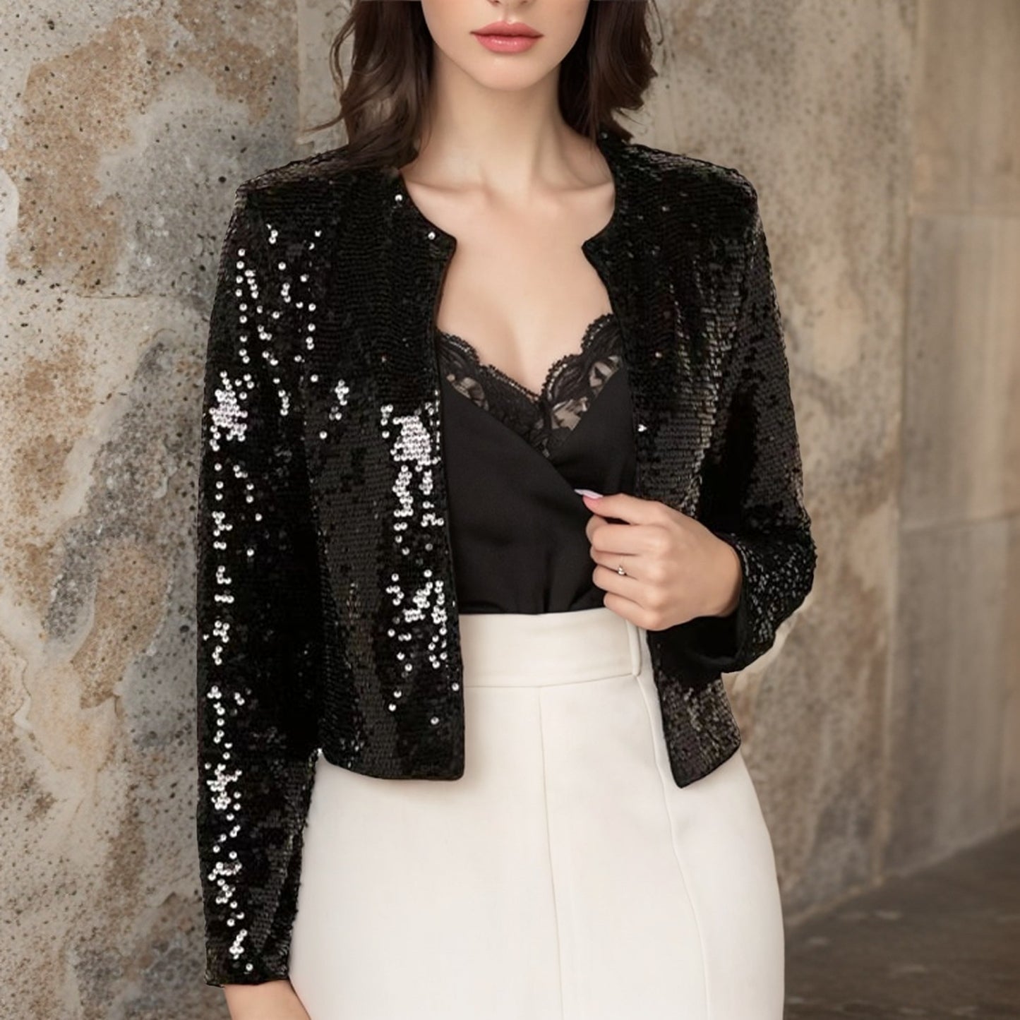 Solid Color Cardigan Casual Versatile Sequined Jacket