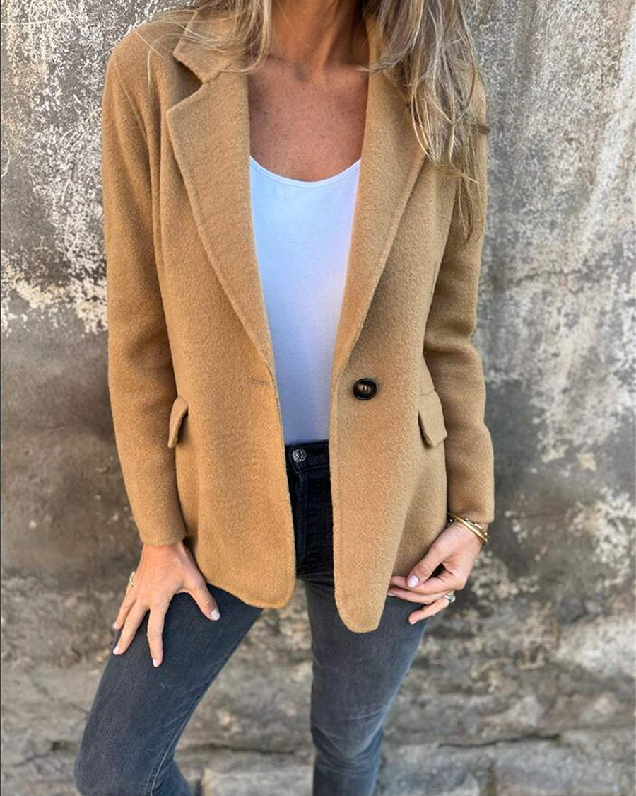 Solid Color Lapel Collar Faux Woolen Coat