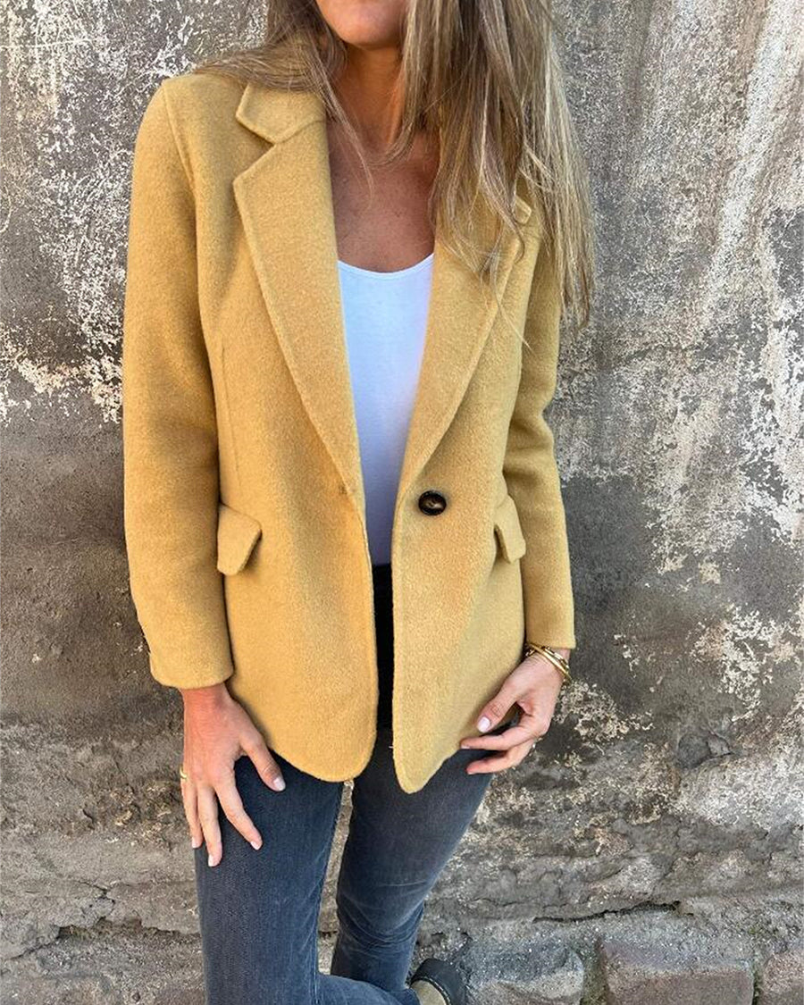 Solid Color Lapel Collar Faux Woolen Coat