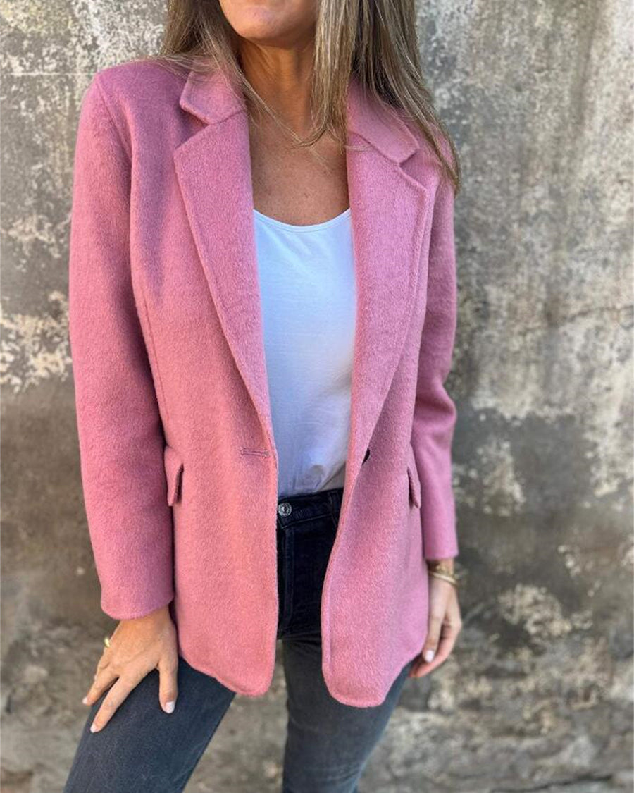 Solid Color Lapel Collar Faux Woolen Coat