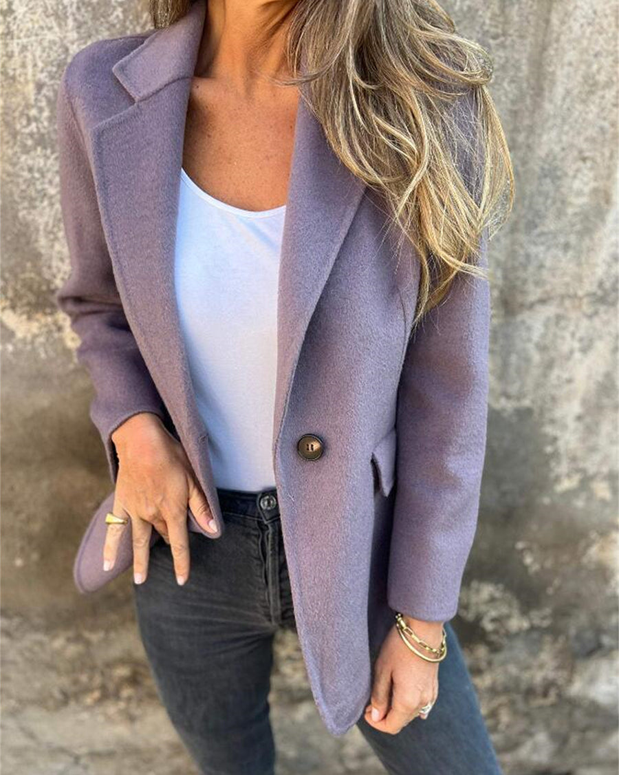 Solid Color Lapel Collar Faux Woolen Coat