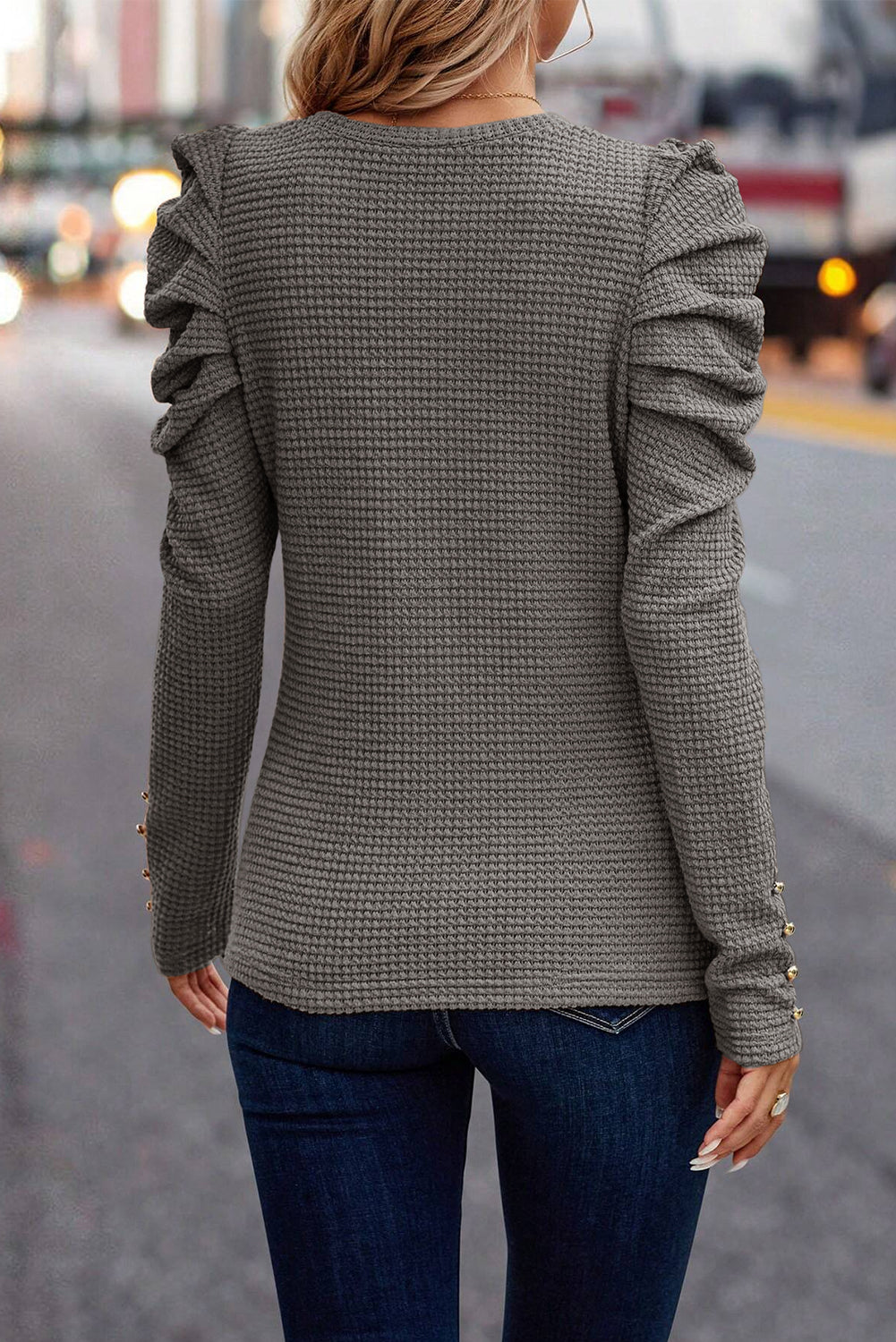 Solid Color Textured Buttoned Sleeve Top