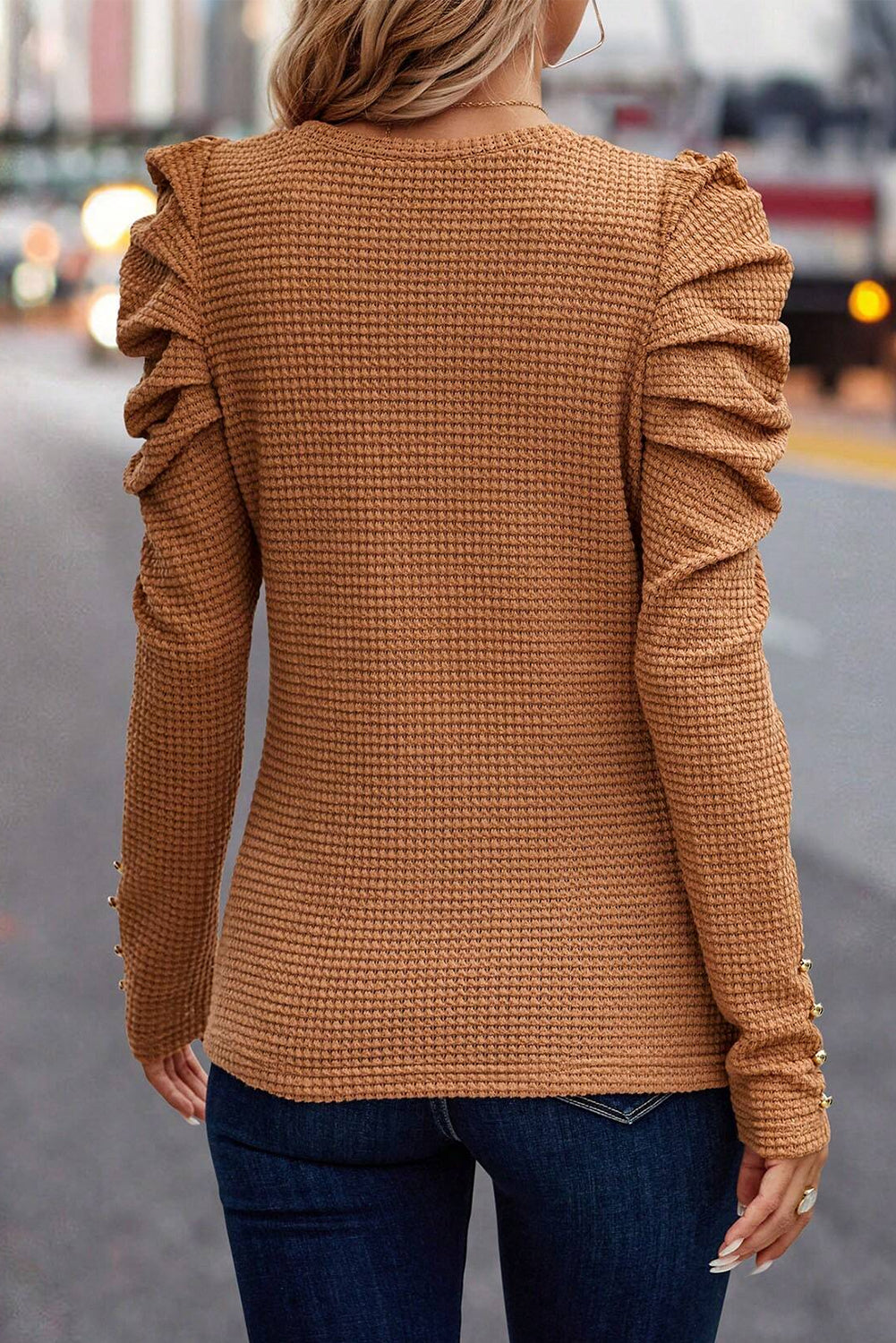 Solid Color Textured Buttoned Sleeve Top