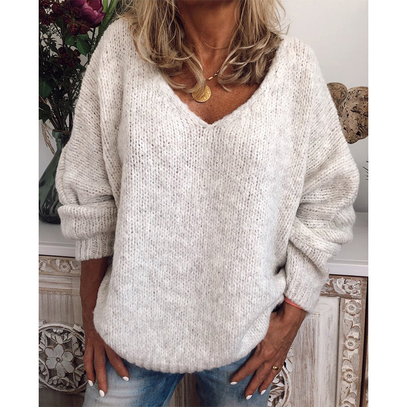 Sweater V-Neck Solid Knit Pullover Top