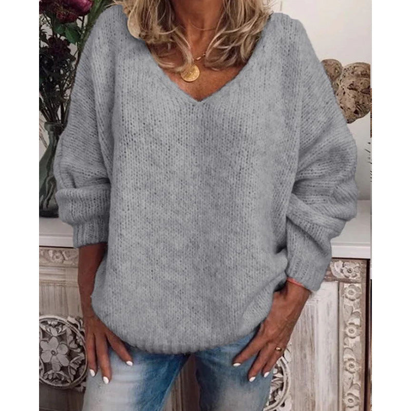 Sweater V-Neck Solid Knit Pullover Top